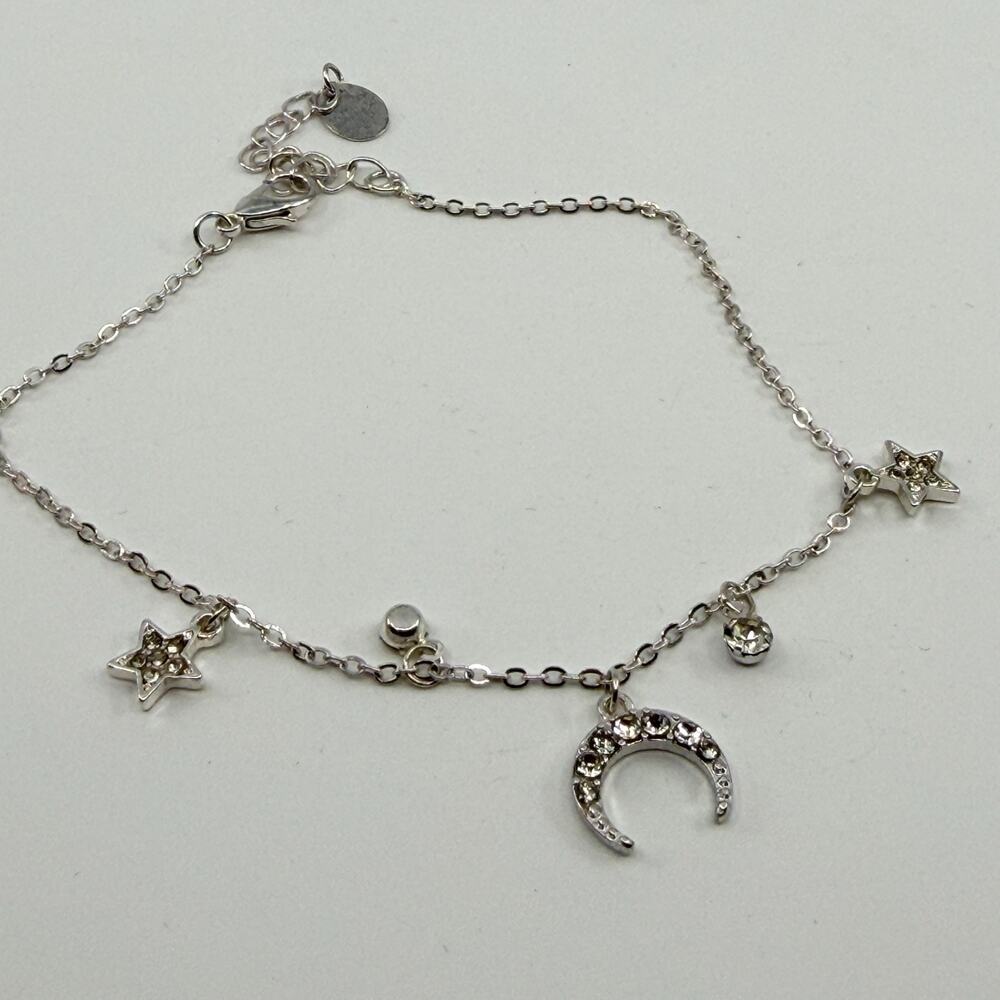 Y2K Celestial Charm Bracelet Silver Tone Moon and Star Crystal Jewelry Gift 90s